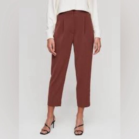 Aritzia Babaton Cohen Pant High Rise Waist Trousers Straight Leg Pleated Rust 2 - Picture 1 of 14